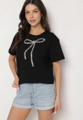 Czarny T-shirt Oversize z Bawełny Zdobiony Kokardą z Cekinów Tenesela. Czarne t-shirty damskie Born2be, m, z aplikacjami, z bawełny, bez kołnierzyka. Za 29.99 zł.