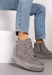 Szare Sneakersy na Koturnie z Metalicznymi Detalami i Dodatkowym Suwakiem Dailise. Szare obuwie sportowe damskie Renee, z jeansu, bez zapięcia. Za 119.99 zł.