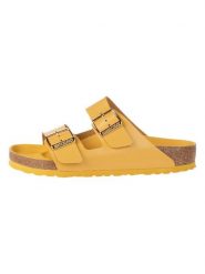 Birkenstock Skórzane klapki w kolorze żółtym rozmiar: 37. Żółte klapki damskie Birkenstock, bez wzorów, z otwartym noskiem, bez obcasa, bez zapięcia. Za 429.95 zł.