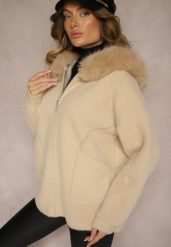 Beżowa Bluza z Wełną z Kapturem i Kieszeniami Ozdobiona Futerkiem Siliti. Brązowe bluzy damskie Renee, na zimę, l, bez wzorów, z jeansu, z kapturem. Za 169.99 zł.