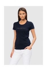 EMPORIO ARMANI Granatowy t-shirt z kryształkami. Niebieskie t-shirty damskie Emporio Armani, s, bez wzorów, z bawełny, bez kołnierzyka. W wyprzedaży za 199.99 zł.