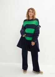 Sweter z okrągłym dekoltem, w szerokie paski. Niebieskie swetry klasyczne damskie bonprix, bez kołnierzyka. Za 89.99 zł.