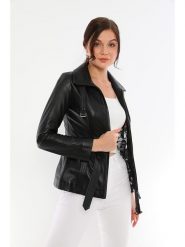 Basics & More Skórzana kurtka w kolorze czarnym rozmiar: XL. Czarne kurtki damskie Basics & More, xl, bez wzorów, ze skóry, bez kaptura. Za 527.10 zł.