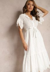 Biała Bawełniana Sukienka o Rozkloszowanym Kroju z Haftem z Guzikami i Gumką w Pasie Lovarae. Białe sukienki damskie Renee, bez wzorów, z bawełny, eleganckie, bez ramiączek. W wyprzedaży za 175.99 zł.
