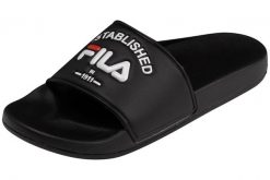 Klapki basenowe damskie Fila Baywalk '23 wsuwane. Czarne klapki damskie Fila, bez wzorów, z materiału, bez obcasa, bez zapięcia. Za 79.49 zł.