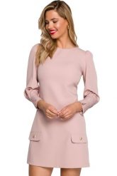 Elegancka sukienka trapezowa z bufiastymi rękawami krótka pudrowy róż. Czerwone sukienki damskie Makover, bez wzorów, eleganckie, bez ramiączek. Za 259.00 zł.