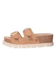 Yokono Skórzane klapki w kolorze beżowym rozmiar: 38. Brązowe klapki damskie Yokono, bez wzorów, z otwartym noskiem, bez obcasa, bez zapięcia. Za 147.80 zł.