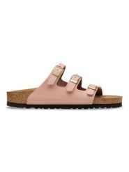 Birkenstock Skórzane klapki "Florida" w kolorze jasnoróżowym rozmiar: 38. Różowe klapki damskie Birkenstock, bez wzorów, z nubiku, z otwartym noskiem, bez obcasa, bez zapięcia. Za 434.51 zł.