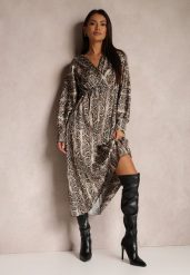 Jasnobeżowa Sukienka w Panterkę z Kopertowym Dekoltem Balme. Brązowe sukienki damskie Renee, z aplikacjami, eleganckie, bez ramiączek. W wyprzedaży za 67.99 zł.