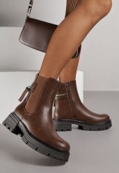 Brązowe Botki Typu Sztyblety na Platformie Ozdobione Aplikacją Nemalea. Brązowe botki damskie Renee, z jeansu, street, bez obcasa, na platformie, bez zapięcia. Za 149.99 zł.