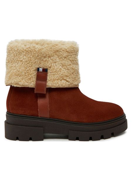 Tommy Hilfiger Botki Faux Fur Suede Roll-Down Boot FW0FW08158 Brązowy. Brązowe botki damskie Tommy Hilfiger, ze skóry, bez obcasa, na płaskiej podeszwie, bez zapięcia. Za 449.99 zł.