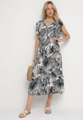 Biało-Czarna Rozkloszowana Sukienka we Florystyczny Print z Bawełny Lanioreta. Czarne sukienki damskie Born2be, bez wzorów, z bawełny, bez ramiączek. Za 69.99 zł.
