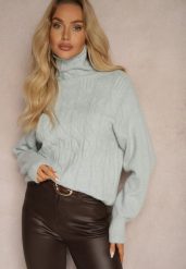 Miętowy Casualowy Golf z Tłoczonym Wzorem Daivyn. Zielone golfy damskie Renee, bez wzorów, bez ramiączek. Za 84.99 zł.