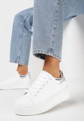 Biało-Srebrne Sneakersy na Platformie z Kontrastową Wstawką z Tyłu Lehastia. Białe obuwie sportowe damskie Born2be, bez zapięcia. Za 84.99 zł.