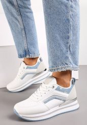 Biało-Niebieskie Sneakersy z Ekoskóry z Brokatowymi Wstawkami i Sznurowaniem Jelise. Białe obuwie sportowe damskie Renee, bez zapięcia. Za 89.99 zł.