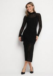 Czarna Siateczkowa Sukienka z Welurowym Nadrukiem w Cętki i Rozcięciami Zaili. Czarne sukienki damskie Born2be, bez wzorów, z weluru, eleganckie, bez ramiączek. W wyprzedaży za 144.49 zł.