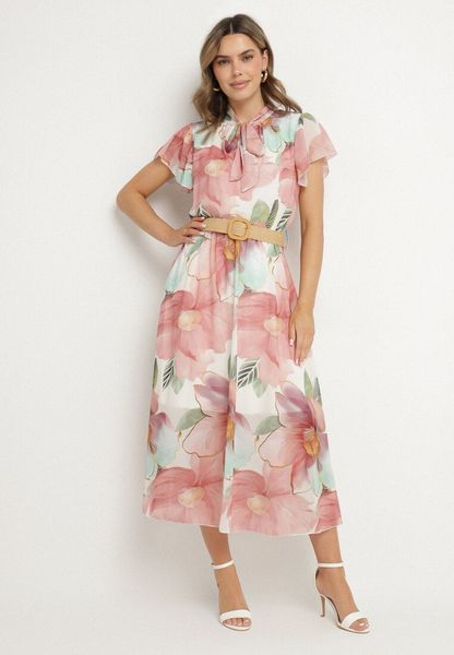 Różowa Sukienka o Rozkloszowanym Kroju z Wiązaniem przy Dekolcie i Paskiem Sorilina. Czerwone sukienki damskie Born2be, bez wzorów, eleganckie, bez ramiączek. Za 129.99 zł.