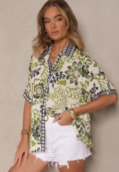 Zielona Wiskozowa Koszula w Kwiaty Milandena. Zielone koszule damskie Renee, na lato, l, bez wzorów, z jeansu, eleganckie, bez kołnierzyka, bez ramiączek. Za 74.99 zł.