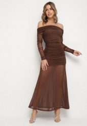 Brązowa Taliowana Sukienka Typu Hiszpanka z Transparentnymi Wstawkami Halacia. Brązowe sukienki damskie Born2be, bez wzorów, eleganckie, bez ramiączek. Za 169.99 zł.