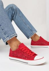 Czerwone Ażurowe Trampki z Cholewką Przed Kostkę Iilira. Czerwone trampki damskie Born2be, z aplikacjami, przed kostkę, bez zapięcia. Za 44.99 zł.