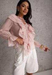 Różowa Bluzka z Lyocellem w Stylu Boho z Wiązaniem pod Szyją i Falbanami Tasimi. Czerwone bluzki damskie Renee, l, bez wzorów, z jeansu, boho, bez kołnierzyka, bez ramiączek. Za 99.99 zł.