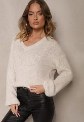Jasnobeżowy Sweter z Dodatkiem Wełny i Szerokimi Rękawami Inathira. Brązowe swetry klasyczne damskie Renee, na zimę, z jeansu, bez kołnierzyka. Za 139.99 zł.