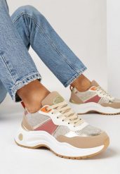 Ciemnobeżowe Sneakersy na Płaskiej Podeszwie z Metalicznymi i Brokatowymi Wstawkami Acrila. Brązowe obuwie sportowe damskie Born2be, na jesień, bez zapięcia. Za 99.99 zł.
