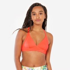 Góra kostiumu surfingowego teksturowana damska Olaian Bea. Brązowe bikini OLAIAN, bez wzorów, z materiału. W wyprzedaży za 44.99 zł.