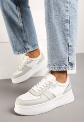 Biało-Szare Casualowe Sneakersy Vices na Niskiej Platformie Torila. Białe obuwie sportowe damskie Renee, z jeansu, bez zapięcia. Za 74.99 zł.