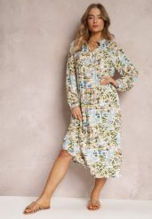 Jasnoniebiesko-Zielona Rozkloszowana Sukienka w Abstrakcyjny Wzór i Górą Zapinaną na Guziki Skylare. Niebieskie sukienki damskie Renee, bez wzorów, z wiskozy, eleganckie, bez ramiączek. W wyprzedaży za 91.99 zł.