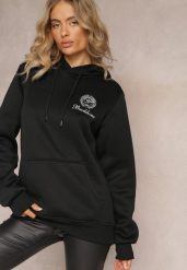 Czarna Klasyczna Bluza z Kieszenią i Kapturem oraz Nadrukiem Asolita. Czarne bluzy damskie Renee, l, bez wzorów, z bawełny, z kapturem. Za 69.99 zł.
