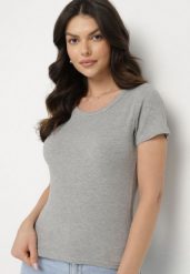 Szary Wiskozowy T-shirt w Klasycznym Stylu Belreti. Szare t-shirty damskie Born2be, m, bez wzorów, z jeansu, bez kołnierzyka. Za 39.99 zł.