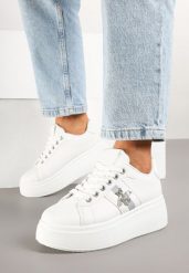 Białe Sneakersy na Platformie z Kryształowym Owadem na Cholewce Elanorila. Białe obuwie sportowe damskie Born2be, z jeansu, bez zapięcia. Za 89.99 zł.