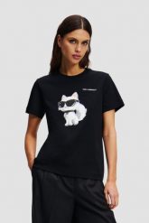 KARL LAGERFELD Czarny t-shirt damski Ikon Aquarelle K. Czarne t-shirty damskie KARL LAGERFELD, s, bez wzorów, bez kołnierzyka. W wyprzedaży za 289.99 zł.