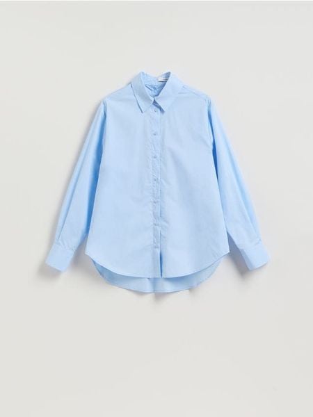 Koszula z ozdobnym kołnierzem - jasnoniebieski. Niebieskie koszule damskie Reserved, l, bez wzorów, z bawełny, bez kołnierzyka, bez ramiączek. Za 119.99 zł.