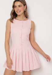 Różowa Sukienka z Plisowanym Dołem Tunelia. Czerwone sukienki damskie Born2be, bez wzorów, eleganckie, bez ramiączek. Za 149.99 zł.