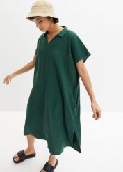Sukienka kaftanowa z domieszką lnu. Zielone sukienki damskie bonprix, bez wzorów, bez ramiączek. Za 139.99 zł.