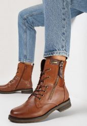 Brązowe Botki za Kostkę z Wiązaniem Rahwa. Brązowe botki damskie Born2be, z jeansu, eleganckie, za kostkę, bez obcasa, na obcasie, bez zapięcia. Za 149.99 zł.