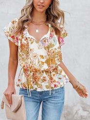 Milan Kiss Bluzka w kolorze kremowym ze wzorem rozmiar: M. Brązowe bluzki damskie Milan Kiss, m, bez wzorów, bez kołnierzyka, bez ramiączek. Za 87.19 zł.