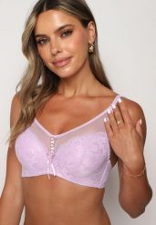 Jasnofioletowy Koronkowy Biustonosz Push-Up ze Zdobieniami i Kokardką Rivathina. Fioletowe biustonosze Born2be, z aplikacjami, z jeansu. Za 34.99 zł.