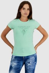 GUESS Zielony t-shirt damski z ażurowym logo. Zielone t-shirty damskie Guess, s, z aplikacjami, z bawełny, bez kołnierzyka. W wyprzedaży za 129.99 zł.