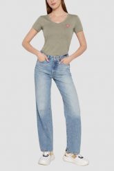 GUESS Zielony damski t-shirt Mini Triangle, Rozmiar L. Zielone t-shirty damskie Guess, l, z aplikacjami, bez kołnierzyka. W wyprzedaży za 62.99 zł.