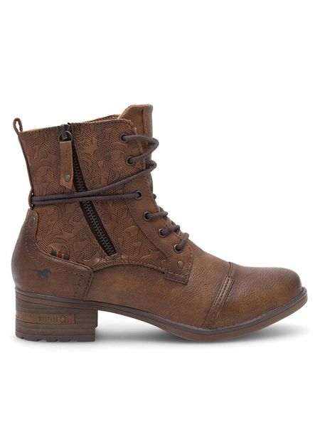 Mustang Trzewiki 1229-508 Brązowy. Brązowe botki damskie Mustang, z materiału, bez obcasa, na płaskiej podeszwie, bez zapięcia. Za 349.99 zł.