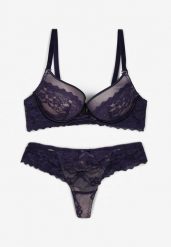 Granatowy Koronkowy Komplet Bielizny Biustonosz Usztywniony Push Up i Stringi Jasminesa. Niebieskie komplety bielizny Renee, z aplikacjami, z koronki. Za 44.99 zł.