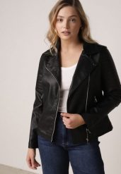 Czarna Klasyczna Kurtka Ramoneska w Motocyklowym Stylu Kelmi. Czarne kurtki damskie Born2be, l, bez wzorów, z jeansu, bez kaptura. Za 109.99 zł.