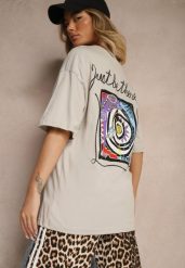 Beżowy T-shirt Koszulka z Bawełny Ozdobiona Nadrukiem i Napisem Just Be There Felena. Brązowe bluzki damskie Renee, l, bez wzorów, z bawełny, bez kołnierzyka. Za 39.99 zł.