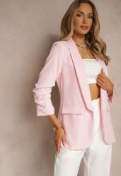 Jasnoróżowa Gładka Marynarka z Rękawami 7/8 i Klapami Adylia. Czerwone marynarki i żakiety damskie Renee, s, bez wzorów, z jeansu, biznesowe. Za 99.99 zł.