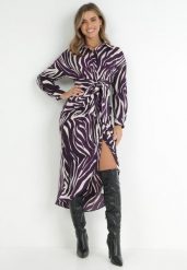 Ciemnofioletowa Sukienka Koszulowa w Zebrę Arziki. Fioletowe sukienki damskie Born2be, bez wzorów, klasyczne, bez ramiączek. Za 84.99 zł.