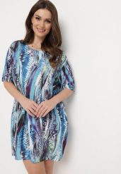 Niebieska Tunika w Abstrakcyjny Wzór z Krótkimi Kieszeniami Anbaria. Niebieskie tuniki damskie Born2be, xl, bez wzorów, wakacyjne, bez kołnierzyka, bez ramiączek. Za 29.99 zł.