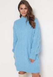 Niebieski Luźny Sweter w Warkoczykowy Splot Sentlia. Niebieskie swetry klasyczne damskie Born2be, ze splotem, bez kołnierzyka. Za 189.99 zł.